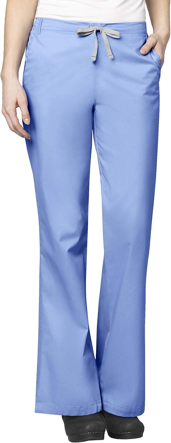 WonderWink WORK Women’s Scrubs Mock Wrap V-Neck Top & Flare Leg Drawstring Pant Scrub Set [XXS – 5XL](Ceil Blue)
