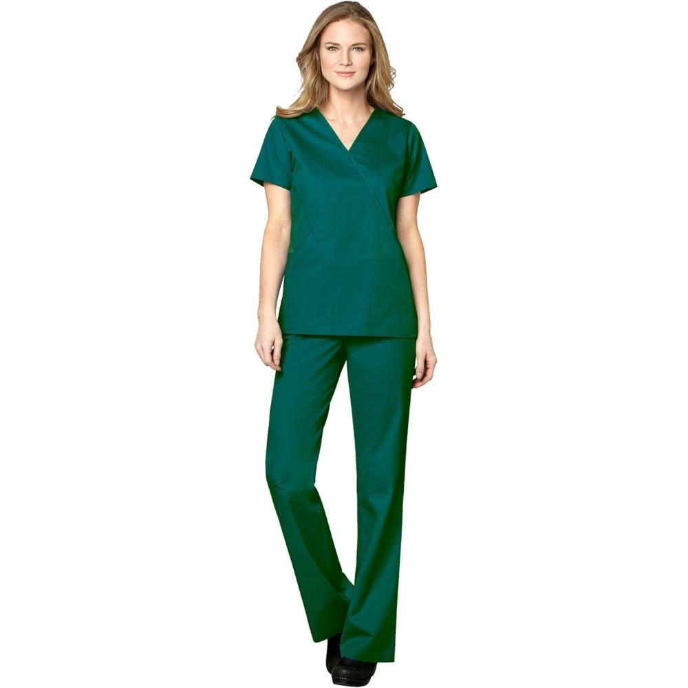 WonderWink WORK Women’s Scrubs Mock Wrap V-Neck Top & Flare Leg Drawstring Pant Scrub Set [XXS – 5XL](Hunter)