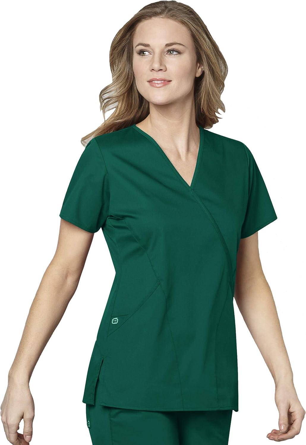 WonderWink WORK Women’s Scrubs Mock Wrap V-Neck Top & Flare Leg Drawstring Pant Scrub Set [XXS – 5XL](Hunter)