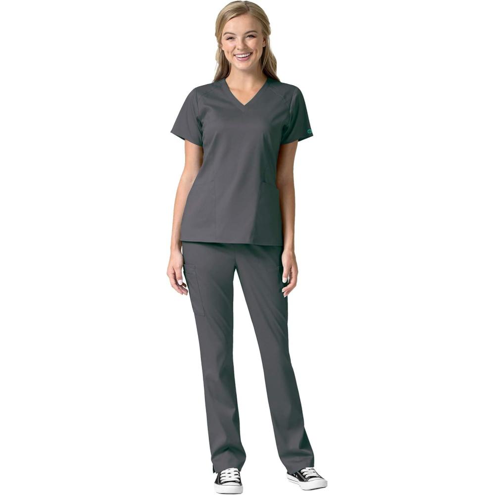 WonderWink Pro Women’s 4 Pocket V-Neck Top & Moderate Flare Leg Cargo Pant Scrub Set + Badge Reel(Pewter)