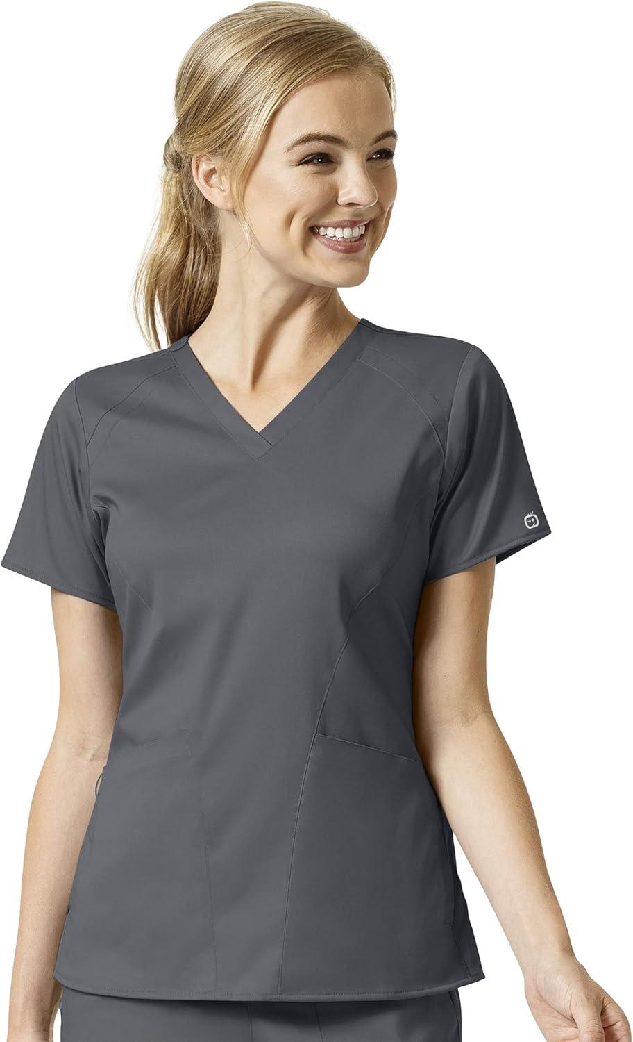 WonderWink Pro Women’s 4 Pocket V-Neck Top & Moderate Flare Leg Cargo Pant Scrub Set + Badge Reel(Pewter)