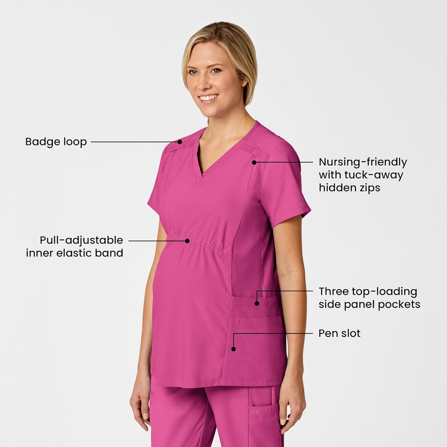 Wink Scrubs for Women, W123, Maternity V-Neck Tops with 5 Pockets(Hot Pink)