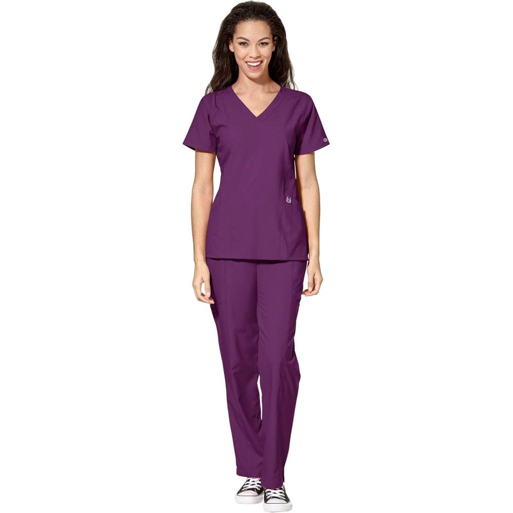 WonderWink W123 Women’s Stylized V-neck Top & Flat Front Double Cargo Pant Scrub Set + Badge Reel(Eggplant)