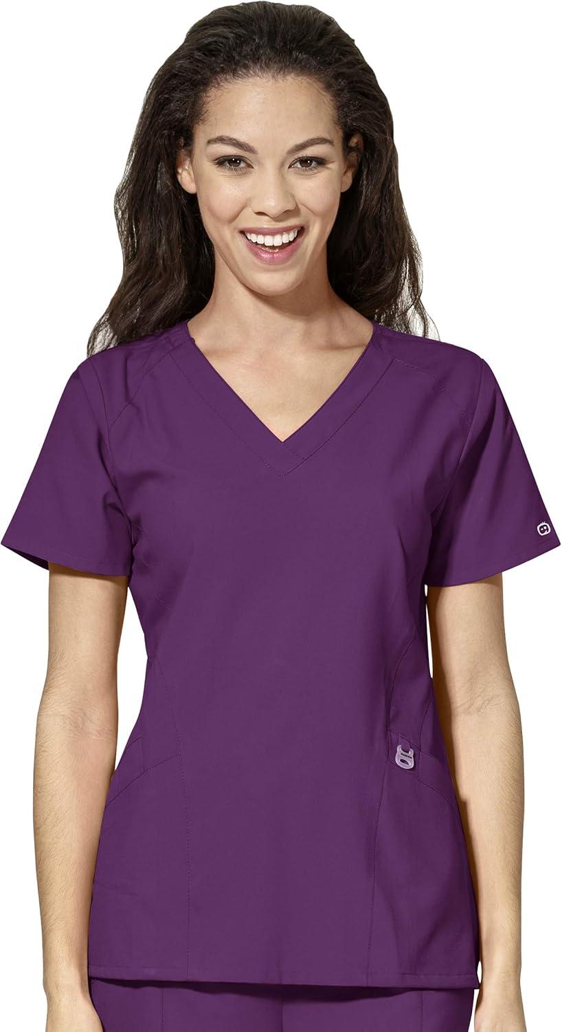 WonderWink W123 Women’s Stylized V-neck Top & Flat Front Double Cargo Pant Scrub Set + Badge Reel(Eggplant)