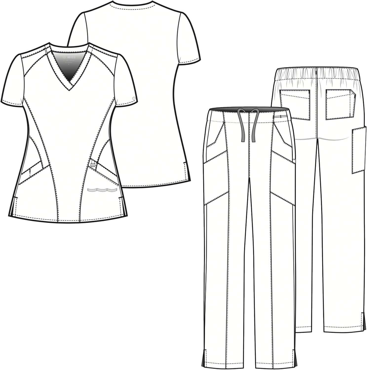 WonderWink W123 Women’s Stylized V-neck Top & Flat Front Double Cargo Pant Scrub Set + Badge Reel(Eggplant)