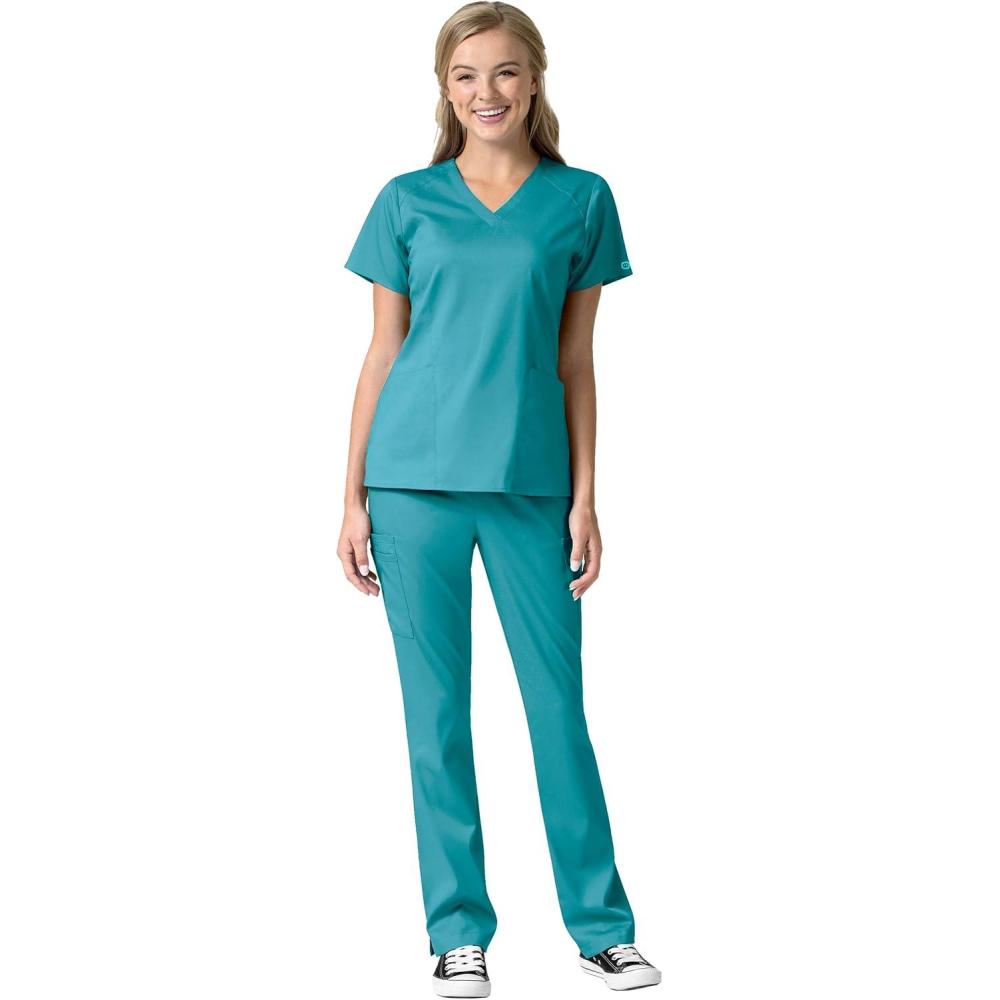 WonderWink Pro Women’s 4 Pocket V-Neck Top & Moderate Flare Leg Cargo Pant Scrub Set + Badge Reel(Teal)