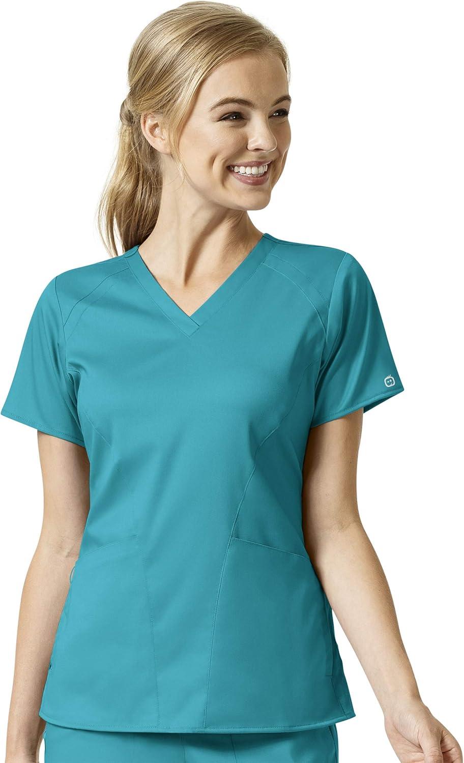 WonderWink Pro Women’s 4 Pocket V-Neck Top & Moderate Flare Leg Cargo Pant Scrub Set + Badge Reel(Teal)