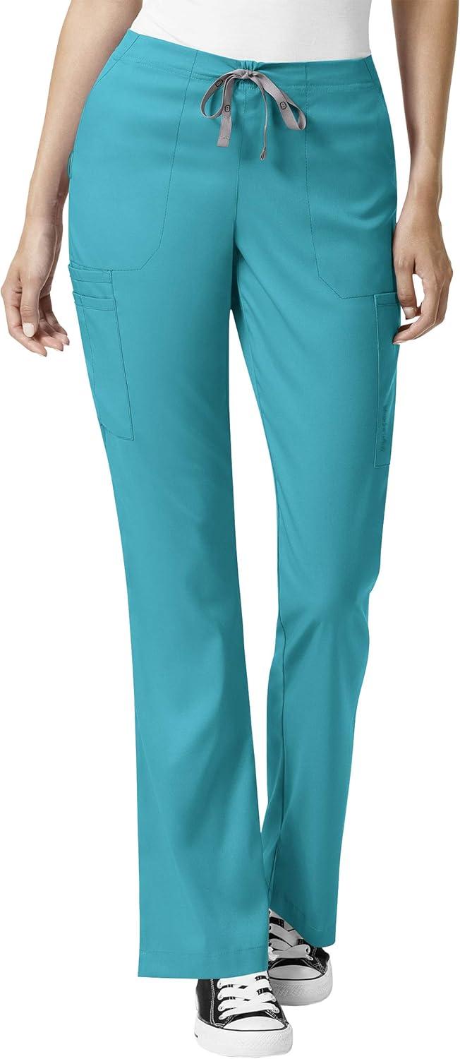 WonderWink Pro Women’s 4 Pocket V-Neck Top & Moderate Flare Leg Cargo Pant Scrub Set + Badge Reel(Teal)