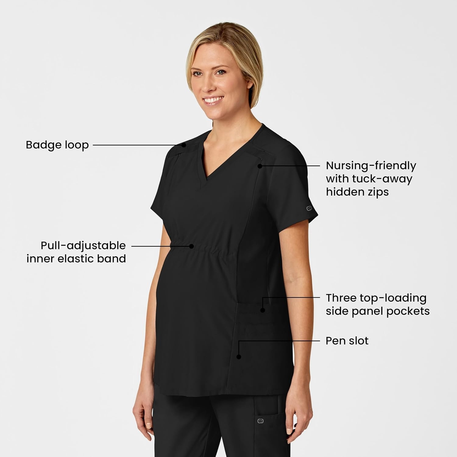 Wink W123 Maternity V-Neck Scrub Top(Black)