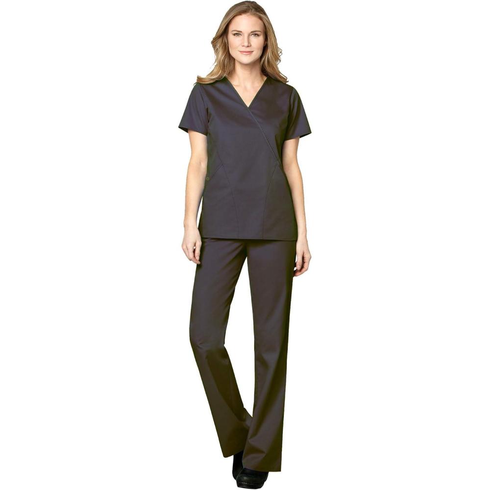 WonderWink WORK Women’s Scrubs Mock Wrap V-Neck Top & Flare Leg Drawstring Pant Scrub Set [XXS – 5XL](Pewter)
