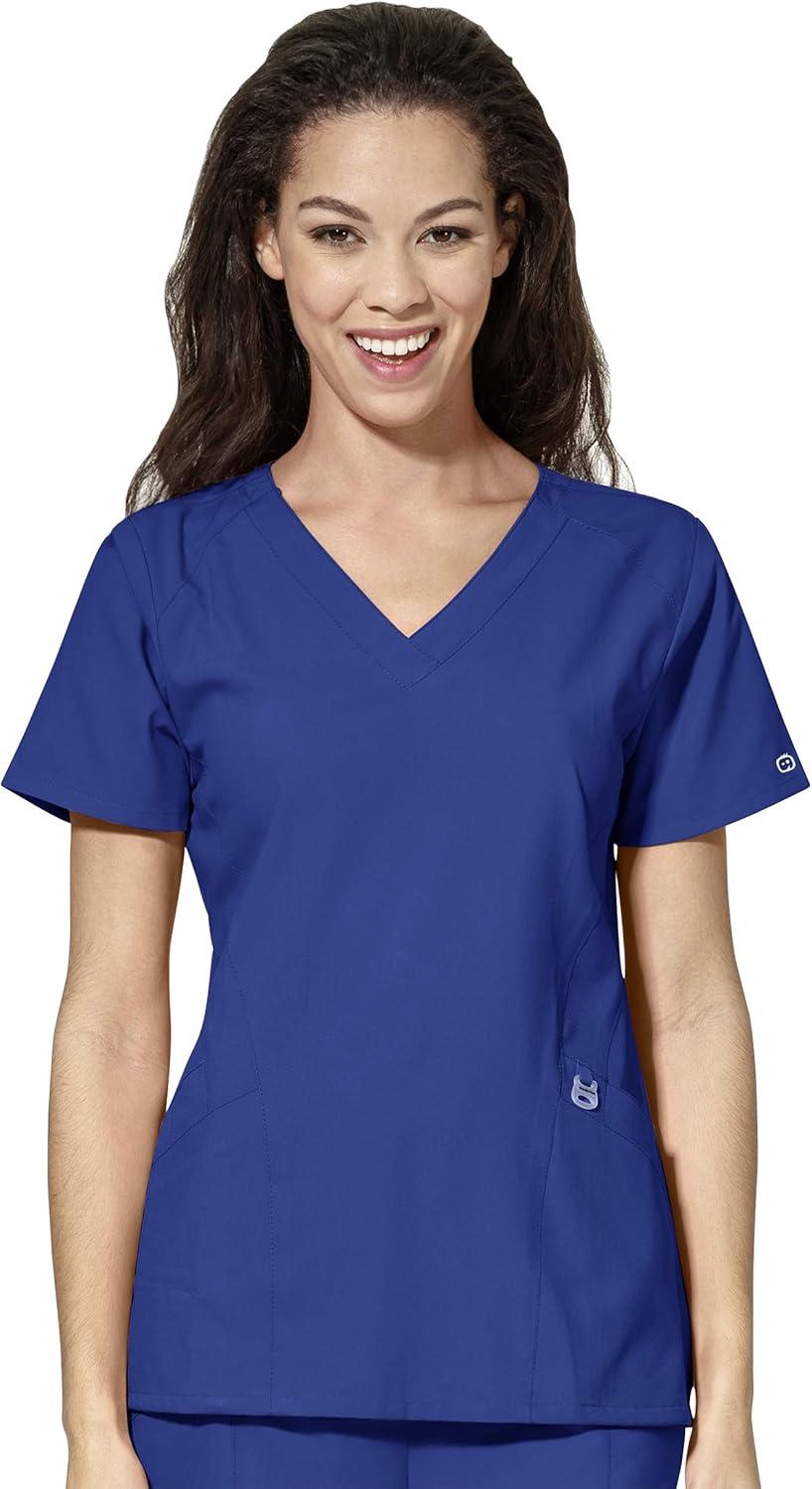 WonderWink W123 Women’s Stylized V-neck Top & Flat Front Double Cargo Pant Scrub Set + Badge Reel(Galaxy Blue)