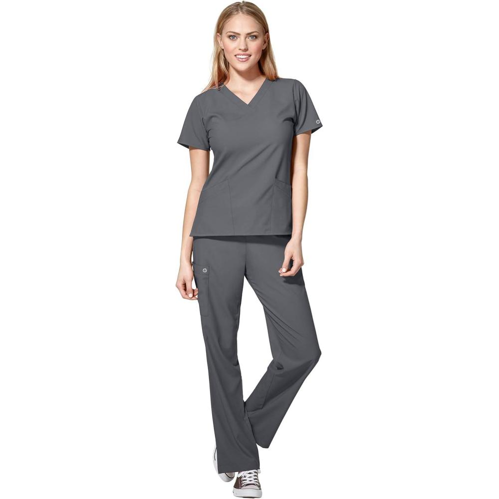 WonderWink W123 Women’s Basic V-Neck Top & Drawstring Pant Scrub Set + Badge Reel(Pewter)