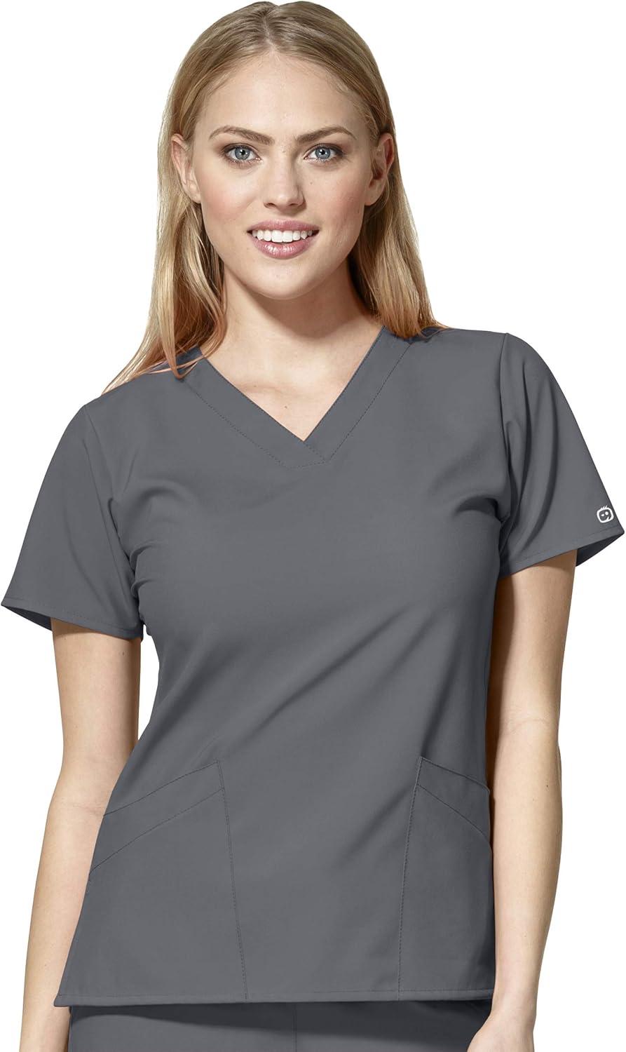 WonderWink W123 Women’s Basic V-Neck Top & Drawstring Pant Scrub Set + Badge Reel(Pewter)