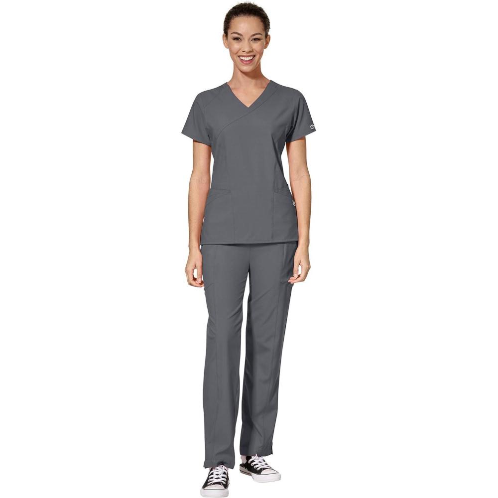 WonderWink W123 Women’s Mock Wrap Top & Flat Front Double Cargo Pant Scrub Set + Badge Reel(Pewter)