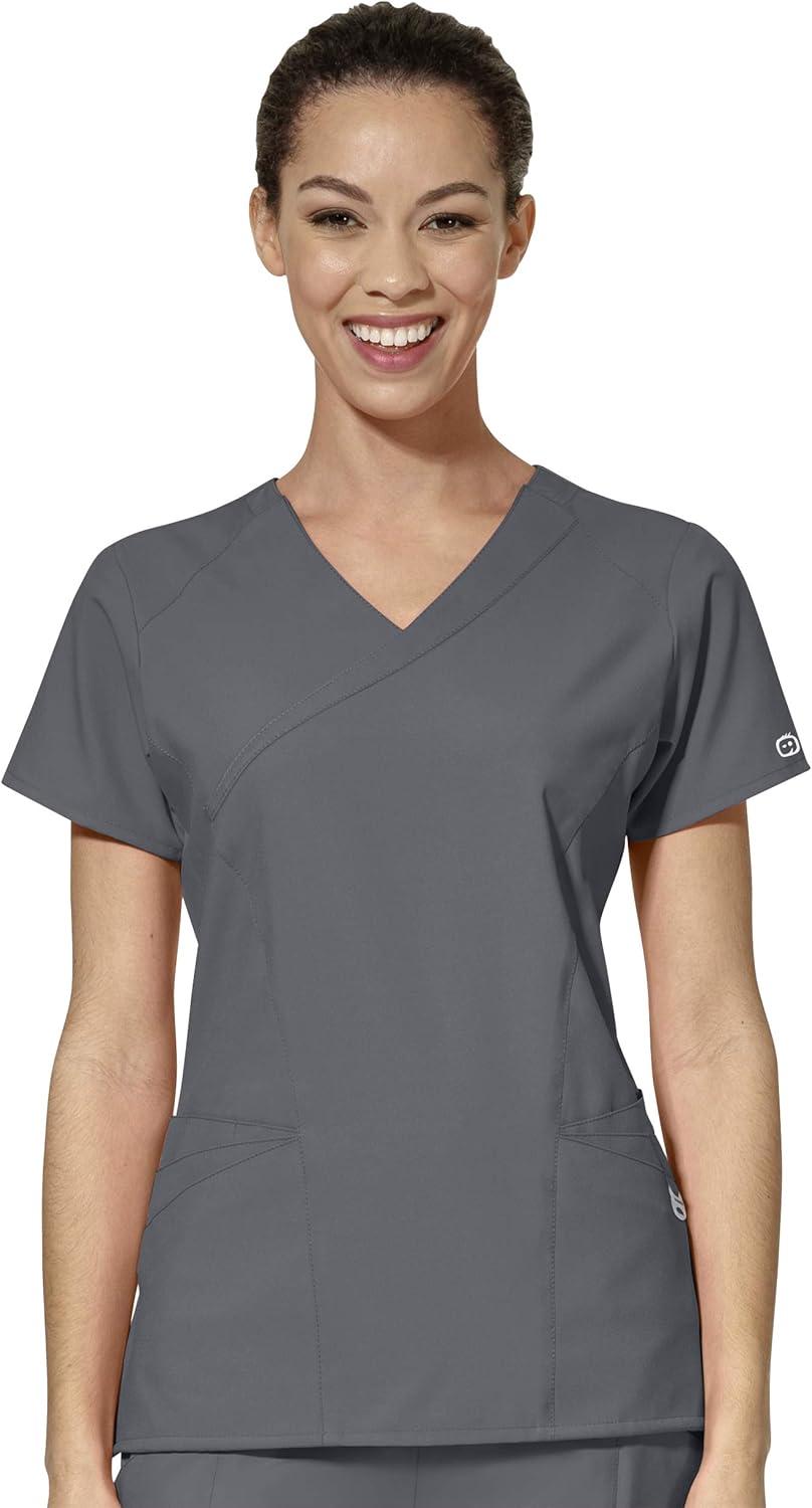 WonderWink W123 Women’s Mock Wrap Top & Flat Front Double Cargo Pant Scrub Set + Badge Reel(Pewter)