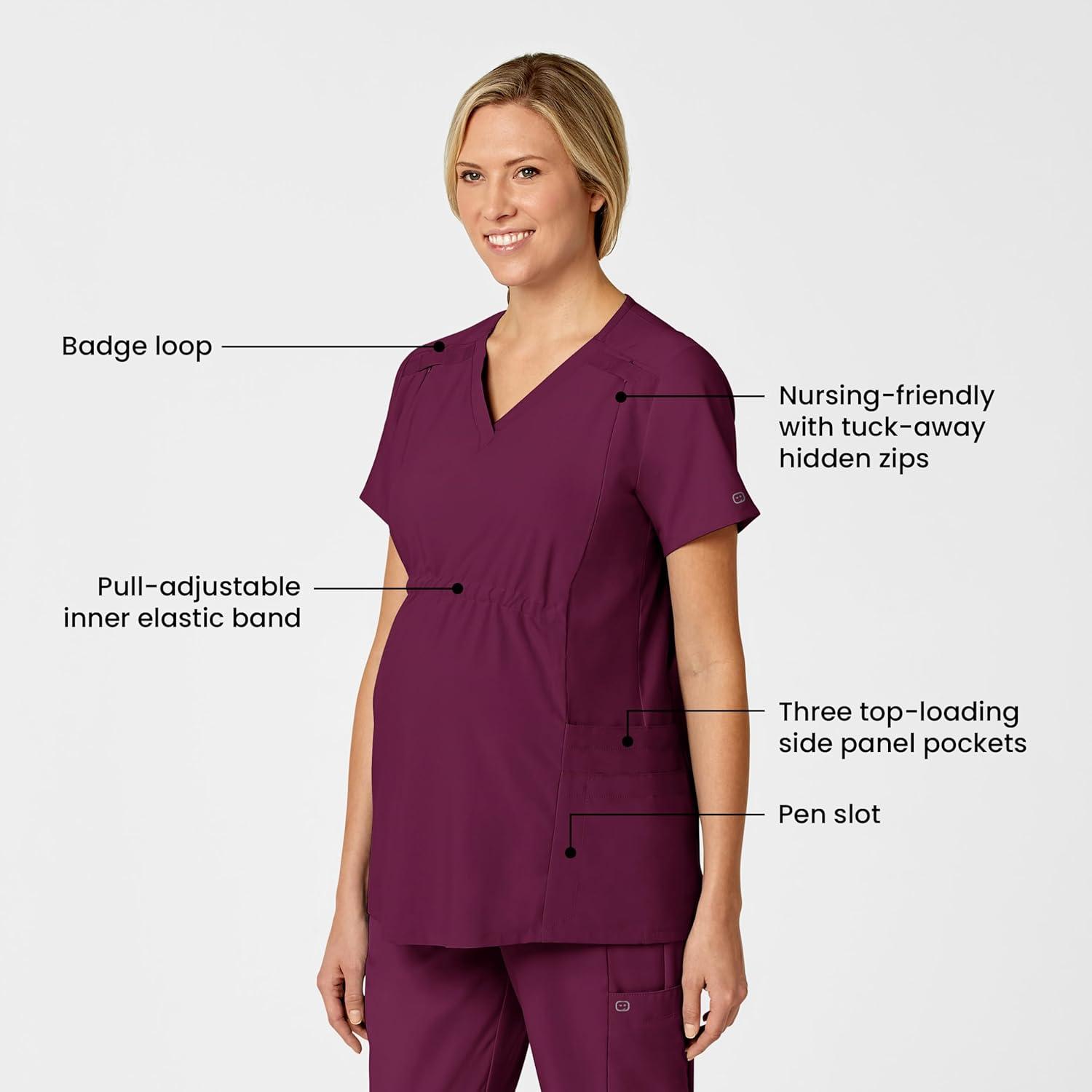 Wink Scrubs for Women, W123, Maternity V-Neck Tops with 5 Pockets(Wine)