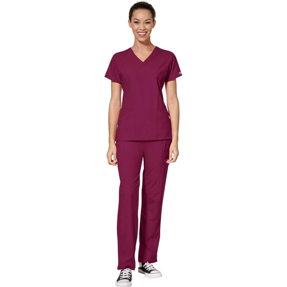 WonderWink W123 Women’s Mock Wrap Top & Flat Front Double Cargo Pant Scrub Set + Badge Reel(Wine)
