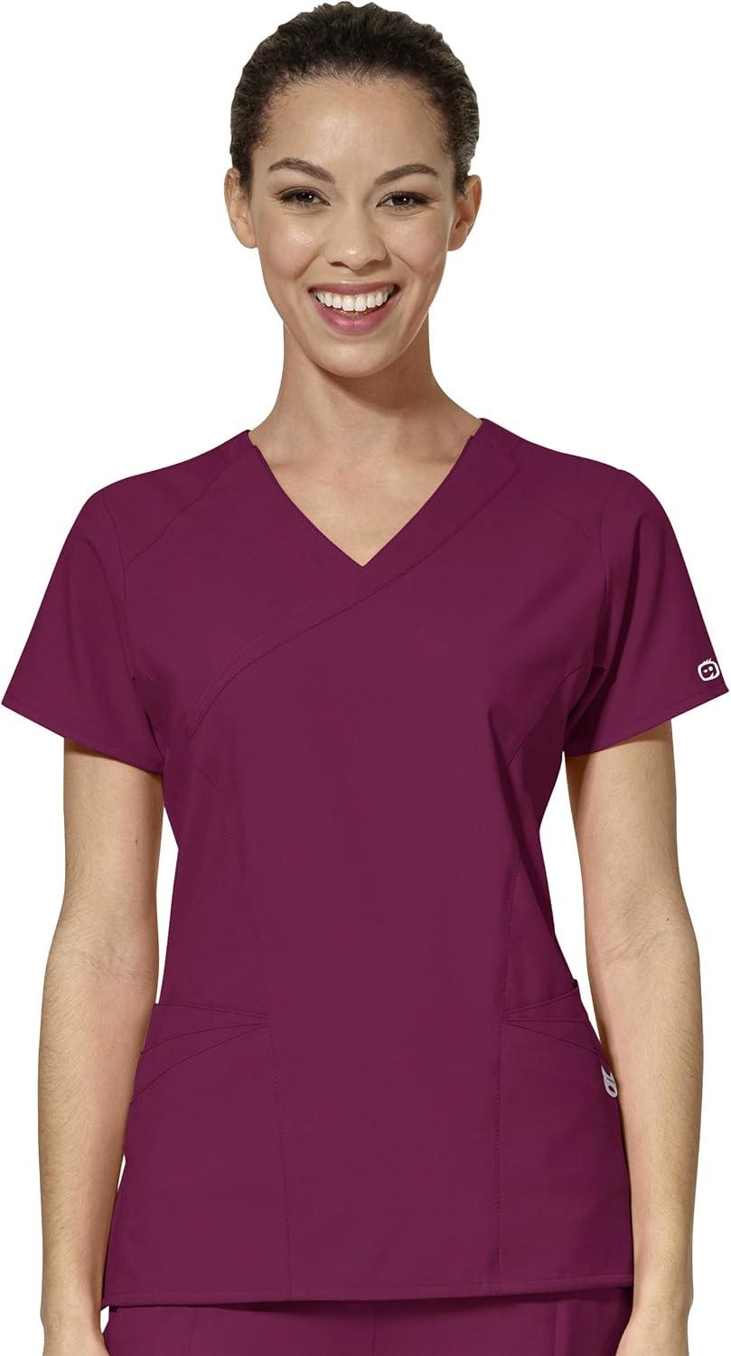 WonderWink W123 Women’s Mock Wrap Top & Flat Front Double Cargo Pant Scrub Set + Badge Reel(Wine)