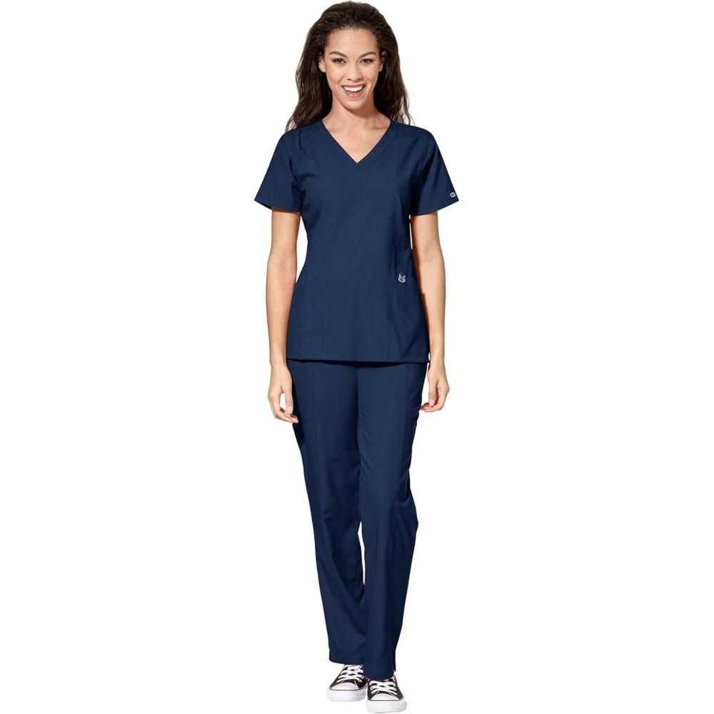 WonderWink W123 Women’s Stylized V-neck Top & Flat Front Double Cargo Pant Scrub Set + Badge Reel(Navy)