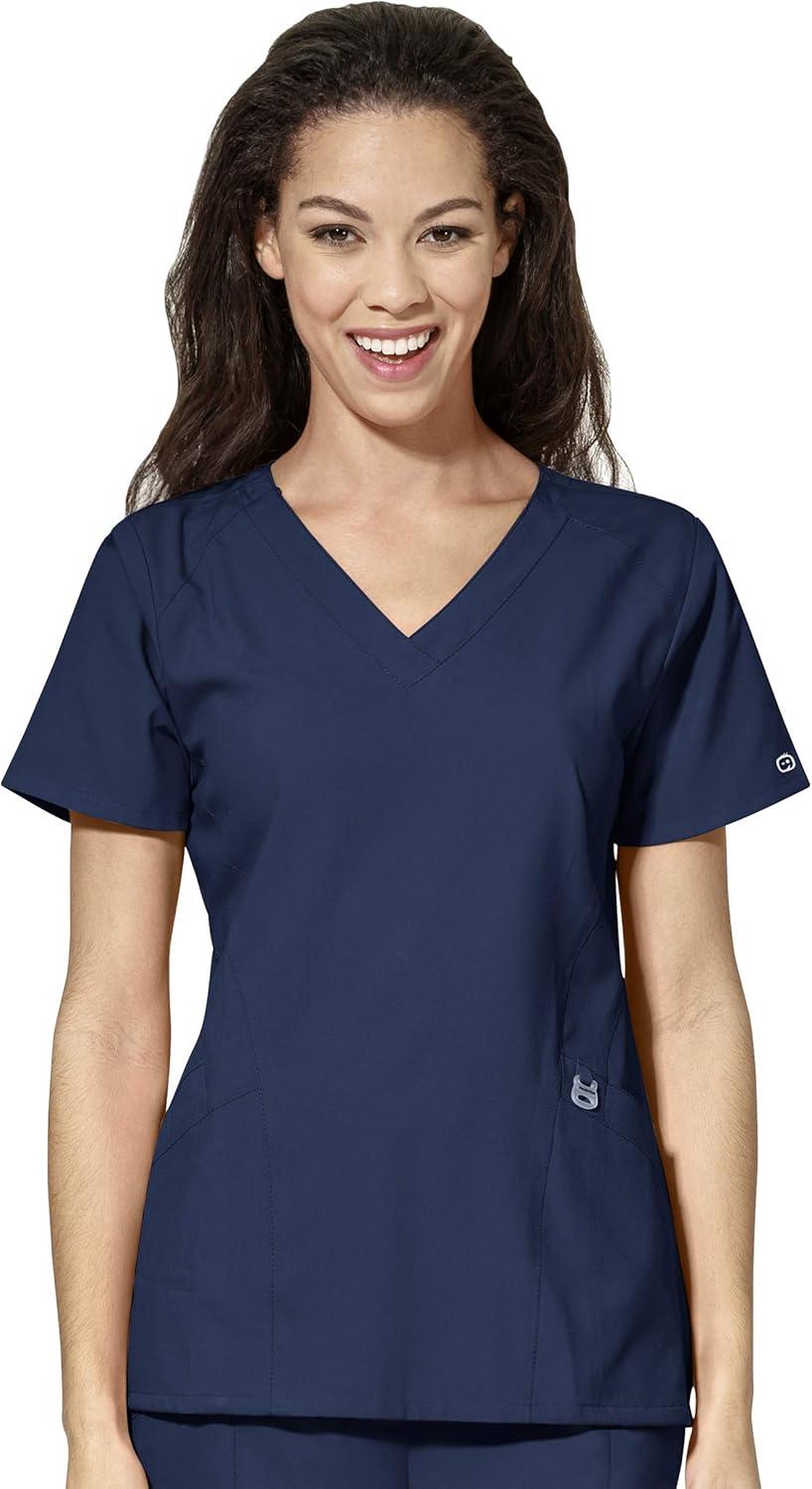 WonderWink W123 Women’s Stylized V-neck Top & Flat Front Double Cargo Pant Scrub Set + Badge Reel(Navy)