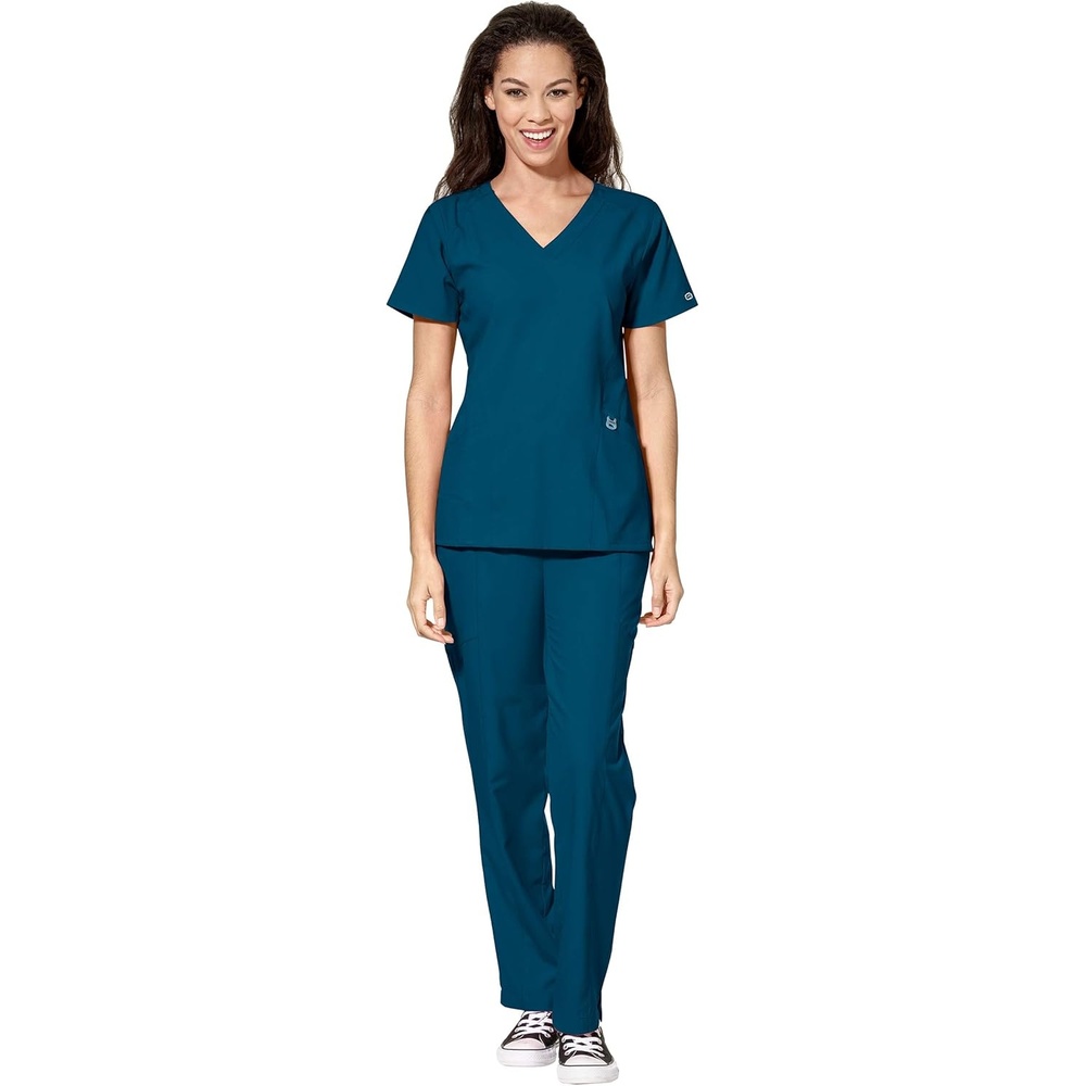 WonderWink W123 Women’s Stylized V-neck Top & Flat Front Double Cargo Pant Scrub Set + Badge Reel