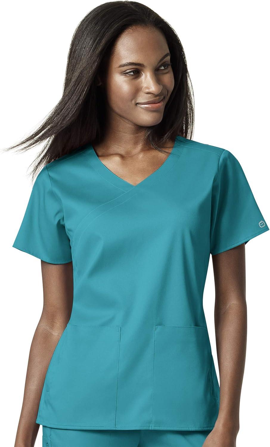 WonderWink PRO Women’s 4 Pocket Wrap Top & Knit Waist Cargo Pant Scrub Set + Badge Reel(Teal)