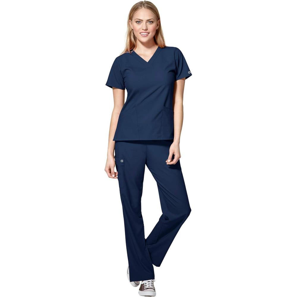 WonderWink W123 Women’s Basic V-Neck Top & Drawstring Pant Scrub Set + Badge Reel(Navy)