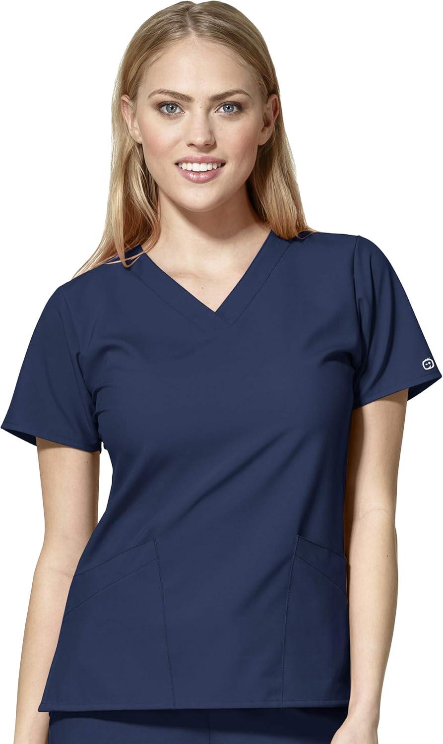 WonderWink W123 Women’s Basic V-Neck Top & Drawstring Pant Scrub Set + Badge Reel(Navy)