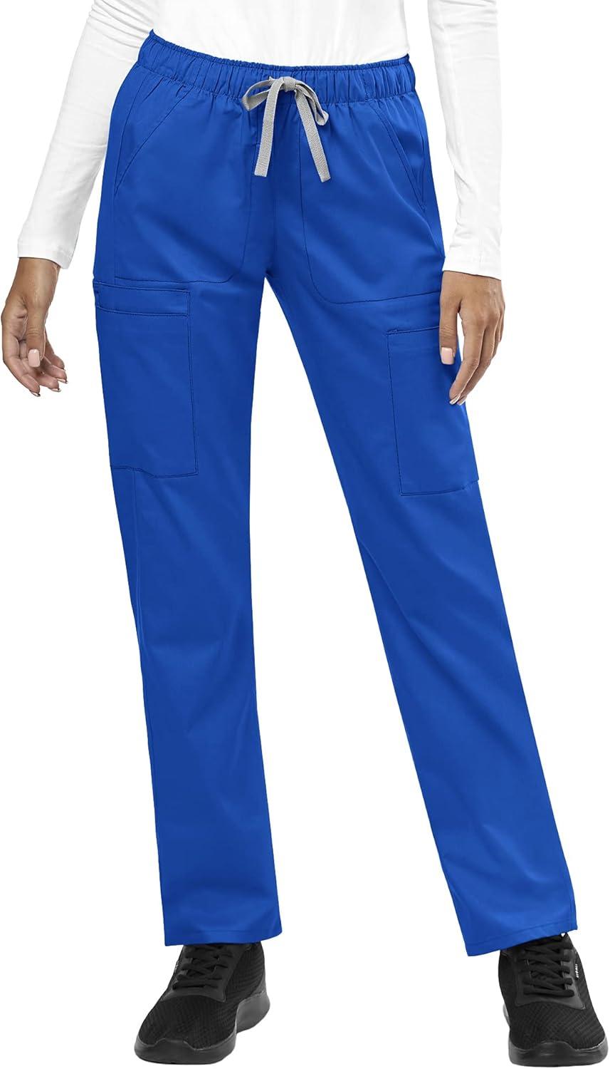 WonderWink WORK Women’s Shaped V-Neck Top & Women’s Convertible Slim Leg Cargo Pant Scrub Set + Badge Reel(Royal)