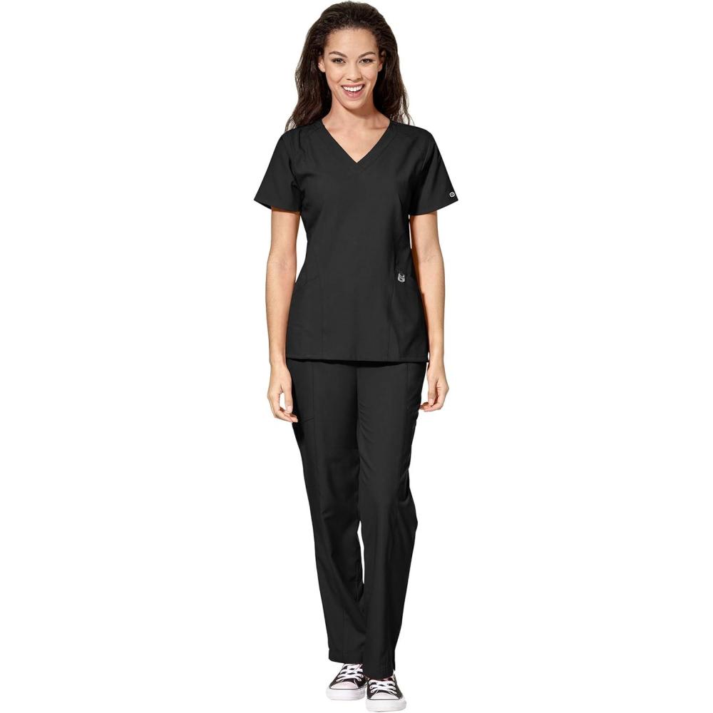 WonderWink W123 Women’s Stylized V-neck Top & Flat Front Double Cargo Pant Scrub Set + Badge Reel(Black)