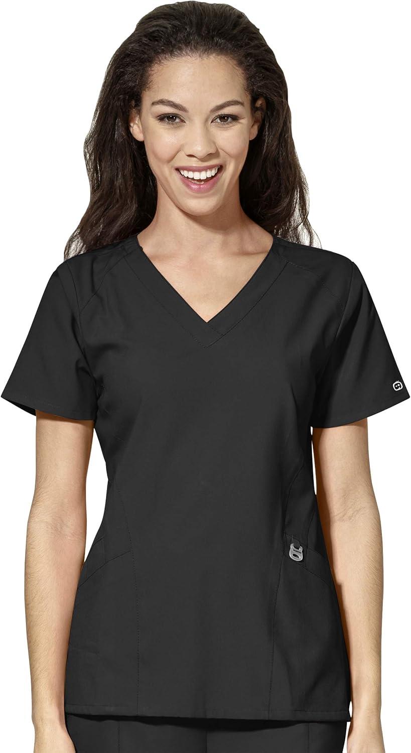 WonderWink W123 Women’s Stylized V-neck Top & Flat Front Double Cargo Pant Scrub Set + Badge Reel(Black)