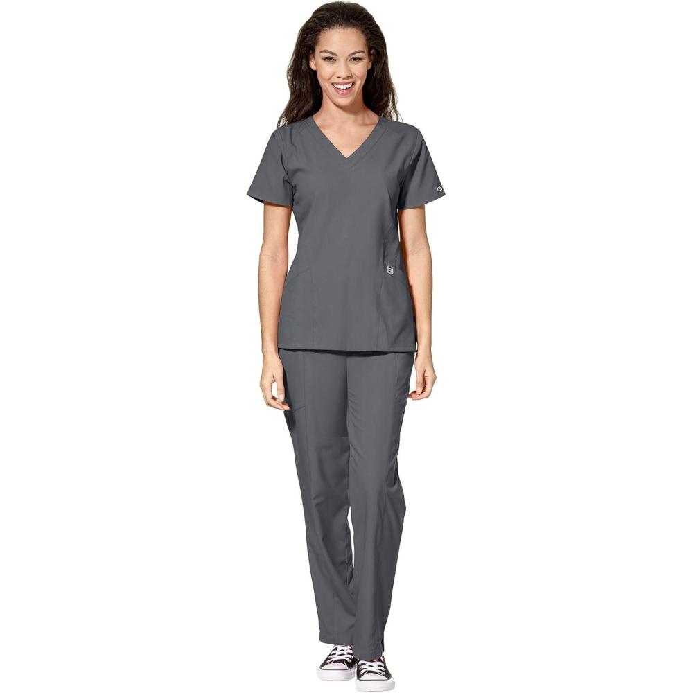 WonderWink W123 Women’s Stylized V-neck Top & Flat Front Double Cargo Pant Scrub Set + Badge Reel(Pewter)