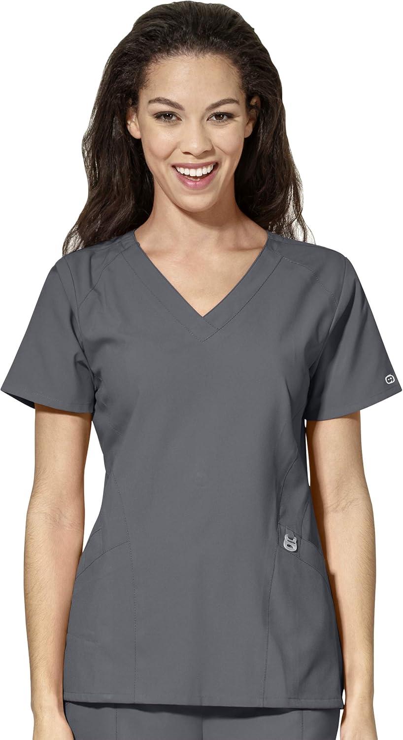 WonderWink W123 Women’s Stylized V-neck Top & Flat Front Double Cargo Pant Scrub Set + Badge Reel(Pewter)