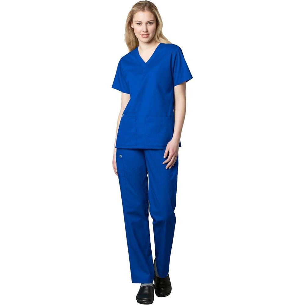 WonderWink WORK Women’s Scrubs V-Neck Chest Pocket Top & Pull On Cargo Pant Set + Badge Reel(Royal)