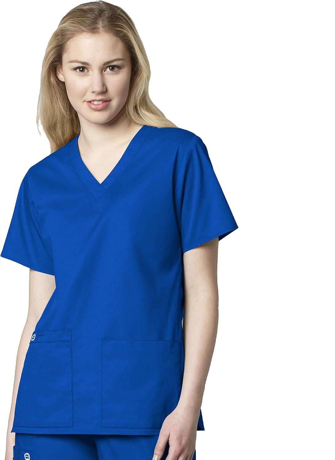 WonderWink WORK Women’s Scrubs V-Neck Chest Pocket Top & Pull On Cargo Pant Set + Badge Reel(Royal)