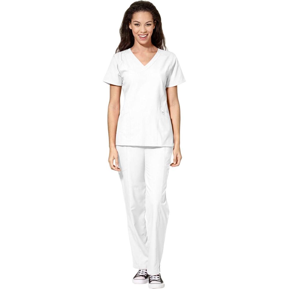 WonderWink W123 Women’s Stylized V-neck Top & Flat Front Double Cargo Pant Scrub Set + Badge Reel(White)