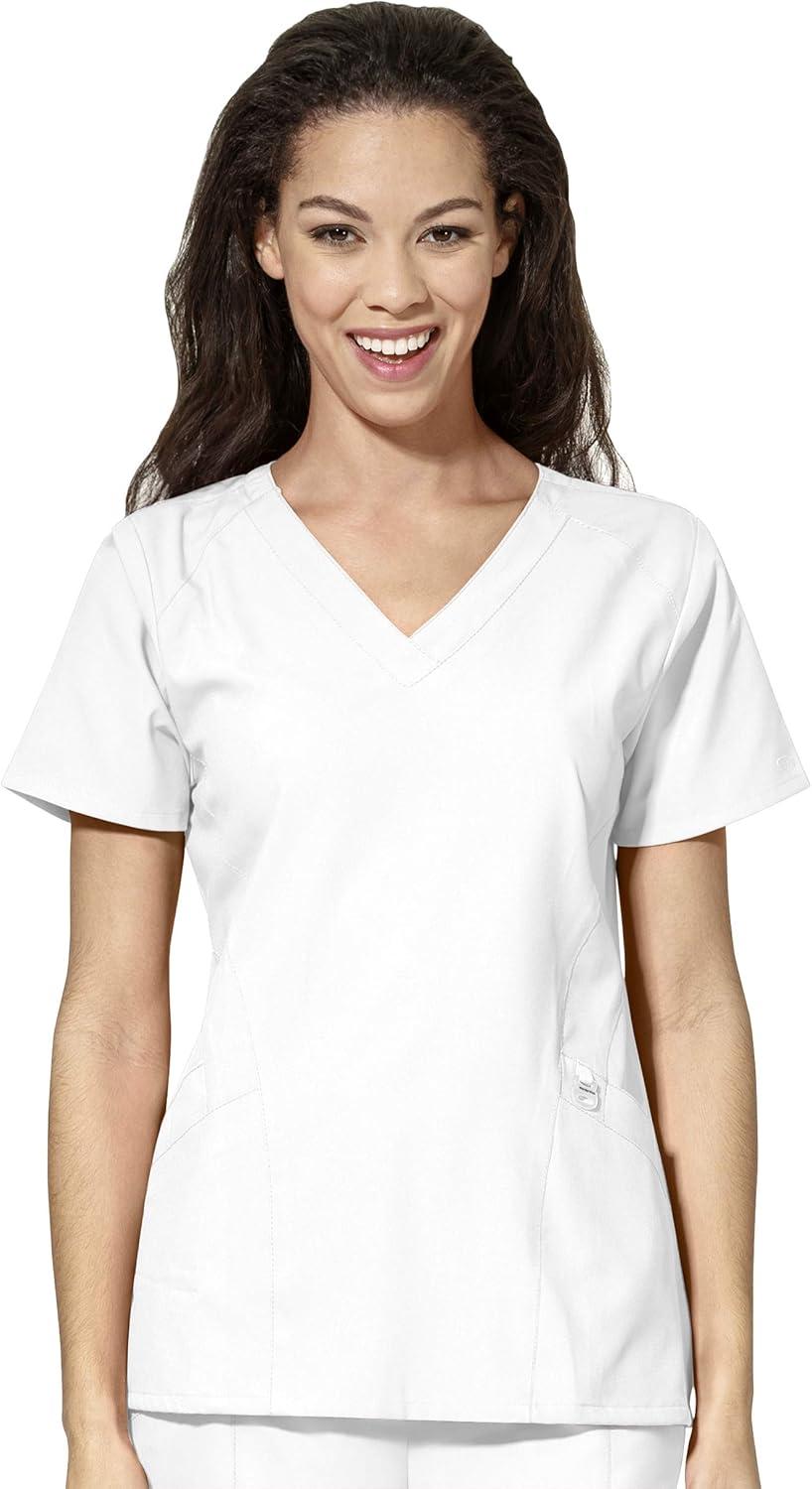 WonderWink W123 Women’s Stylized V-neck Top & Flat Front Double Cargo Pant Scrub Set + Badge Reel(White)