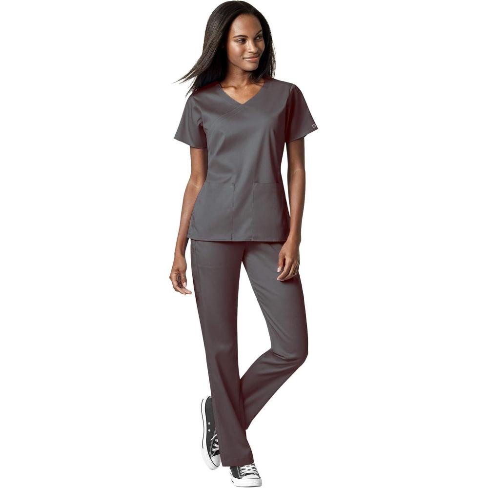 WonderWink PRO Women’s 4 Pocket Wrap Top & Knit Waist Cargo Pant Scrub Set + Badge Reel(Pewter)