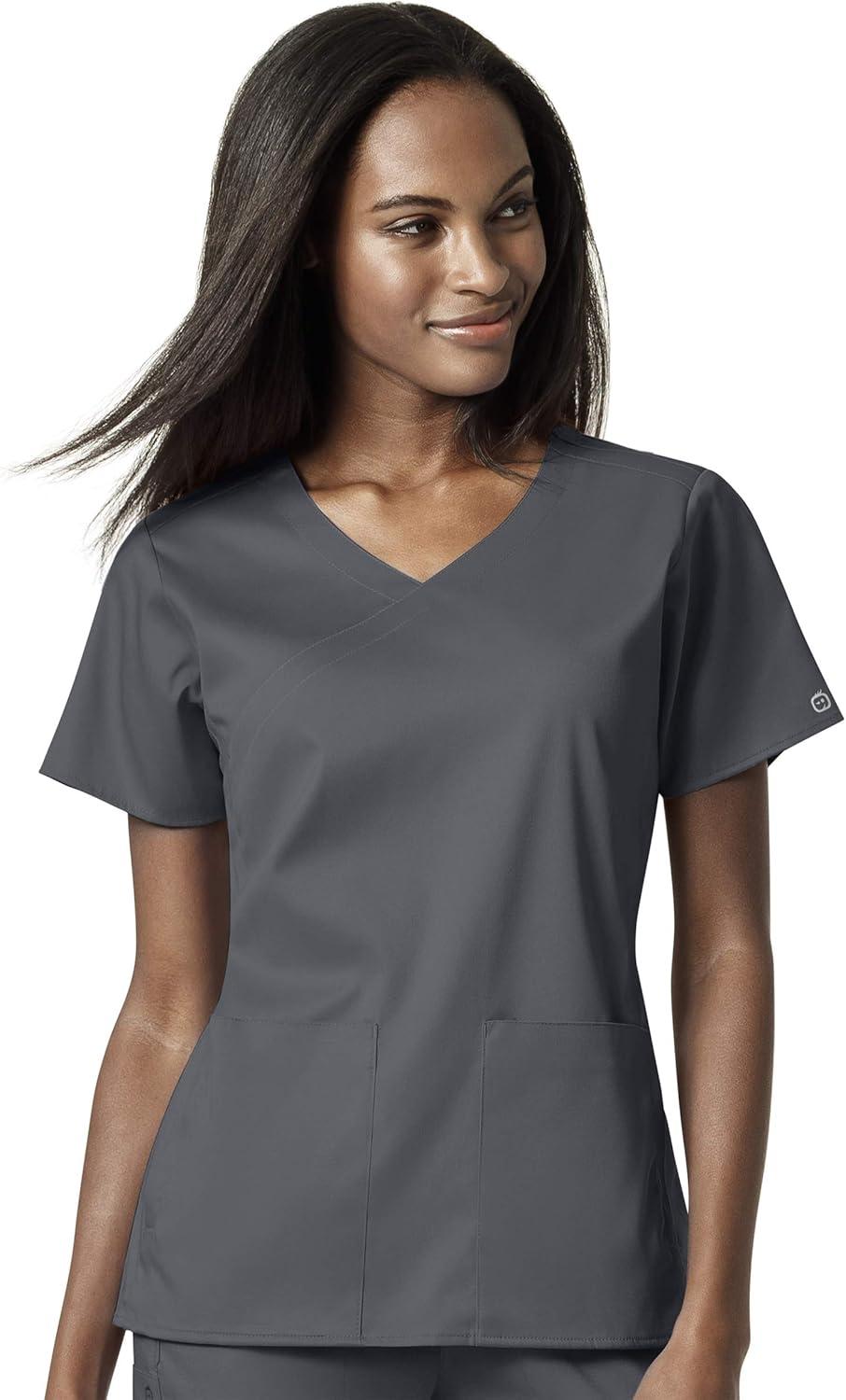 WonderWink PRO Women’s 4 Pocket Wrap Top & Knit Waist Cargo Pant Scrub Set + Badge Reel(Pewter)