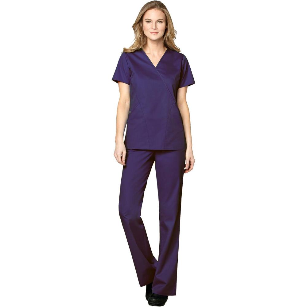 WonderWink WORK Women’s Scrubs Mock Wrap V-Neck Top & Flare Leg Drawstring Pant Scrub Set [XXS – 5XL](Grape)