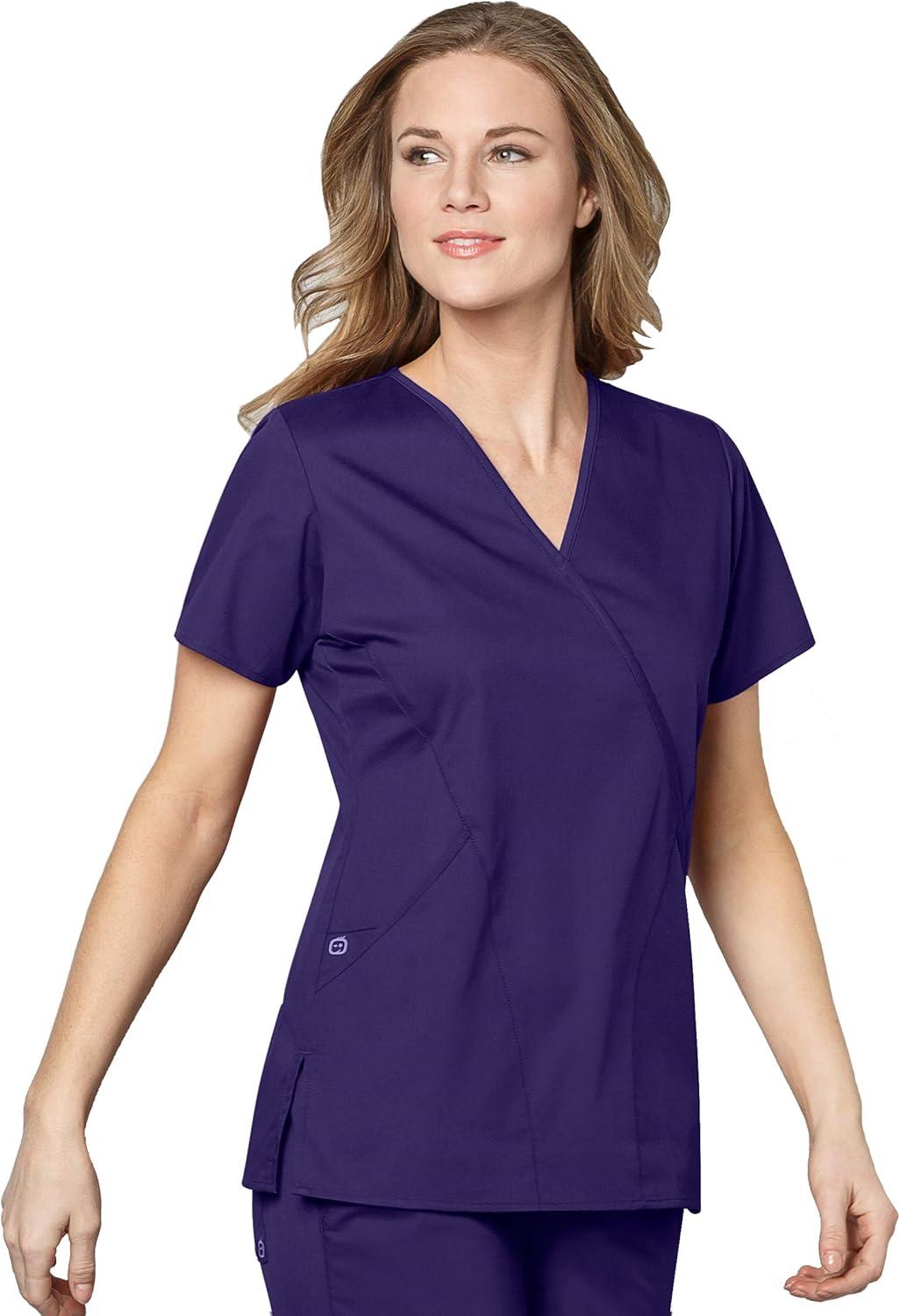 WonderWink WORK Women’s Scrubs Mock Wrap V-Neck Top & Flare Leg Drawstring Pant Scrub Set [XXS – 5XL](Grape)