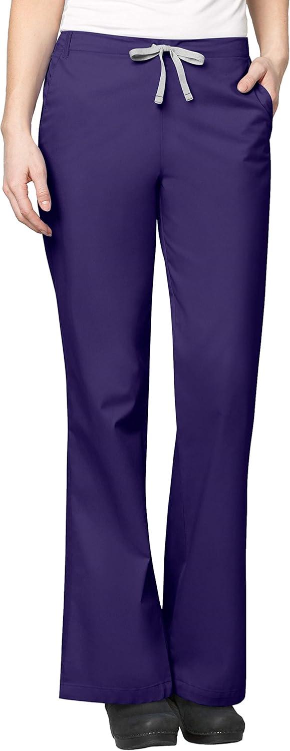 WonderWink WORK Women’s Scrubs Mock Wrap V-Neck Top & Flare Leg Drawstring Pant Scrub Set [XXS – 5XL](Grape)
