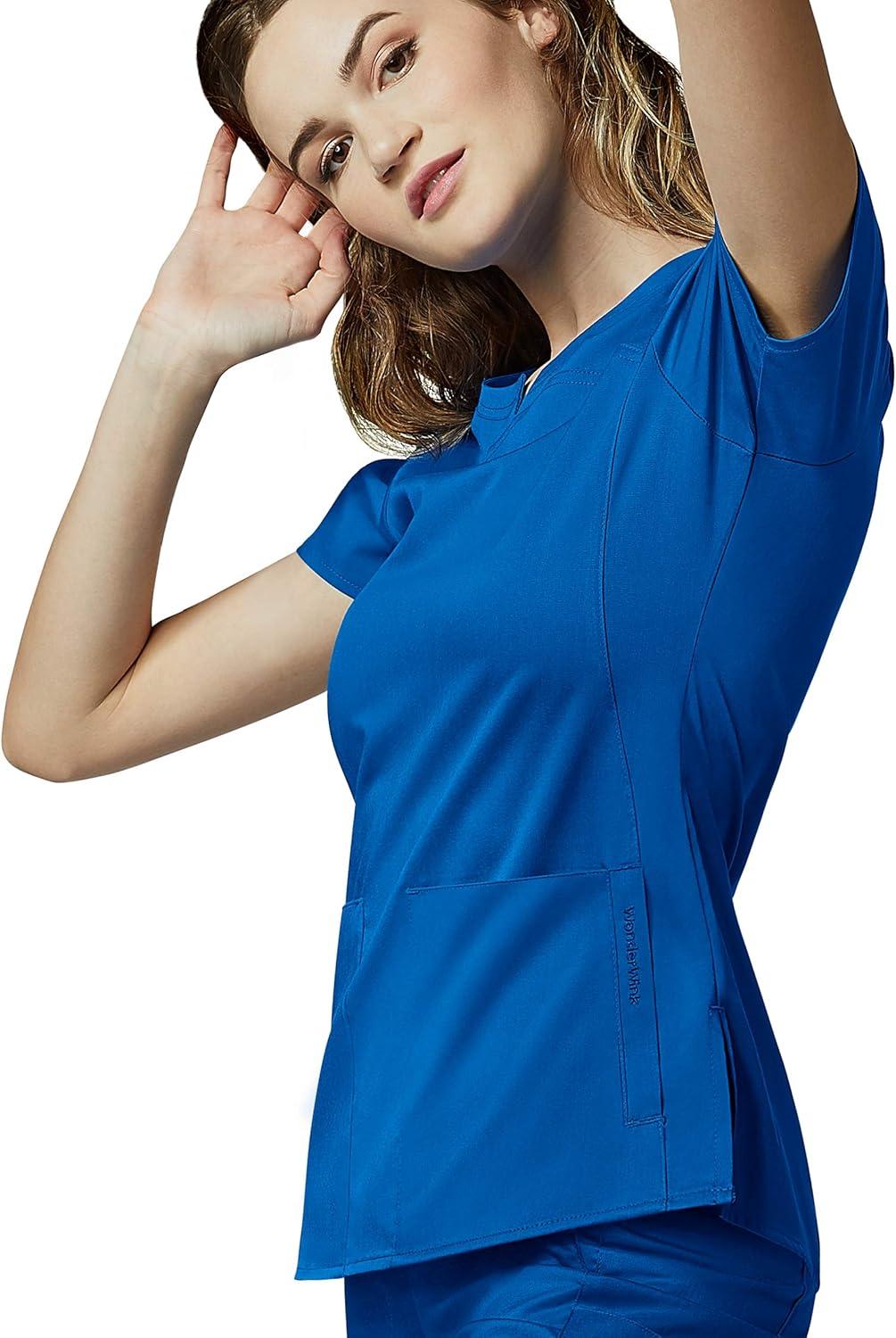 WonderWink PRO Women’s 4 Pocket Notch Neck Top & Knit Waist Cargo Pant Scrub Set + Badge Reel(Royal)