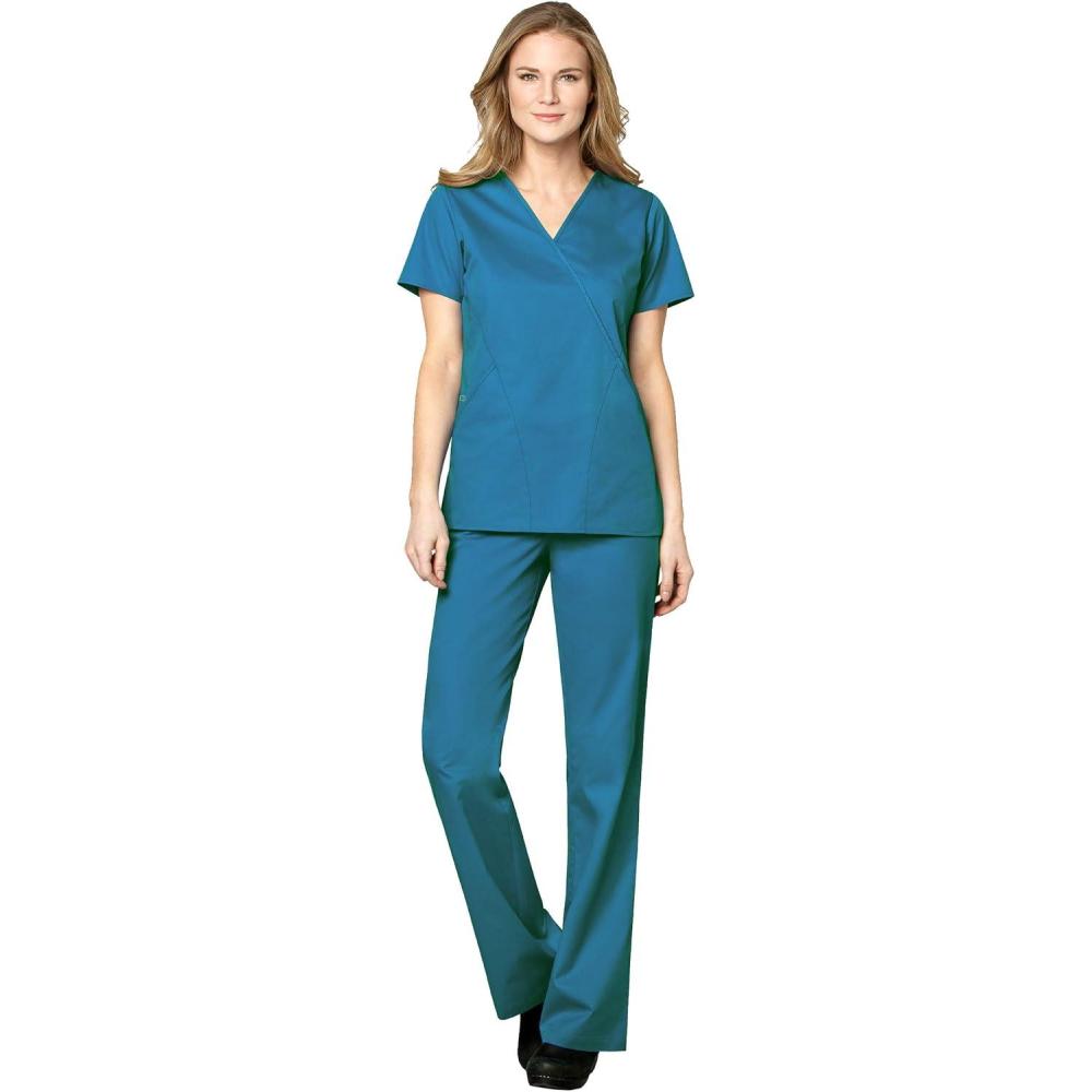 WonderWink WORK Women’s Scrubs Mock Wrap V-Neck Top & Flare Leg Drawstring Pant Scrub Set [XXS – 5XL](Real Teal)