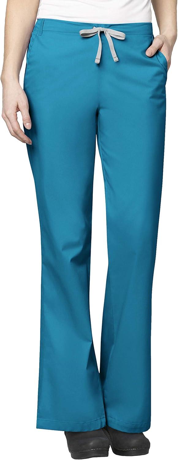 WonderWink WORK Women’s Scrubs Mock Wrap V-Neck Top & Flare Leg Drawstring Pant Scrub Set [XXS – 5XL](Real Teal)