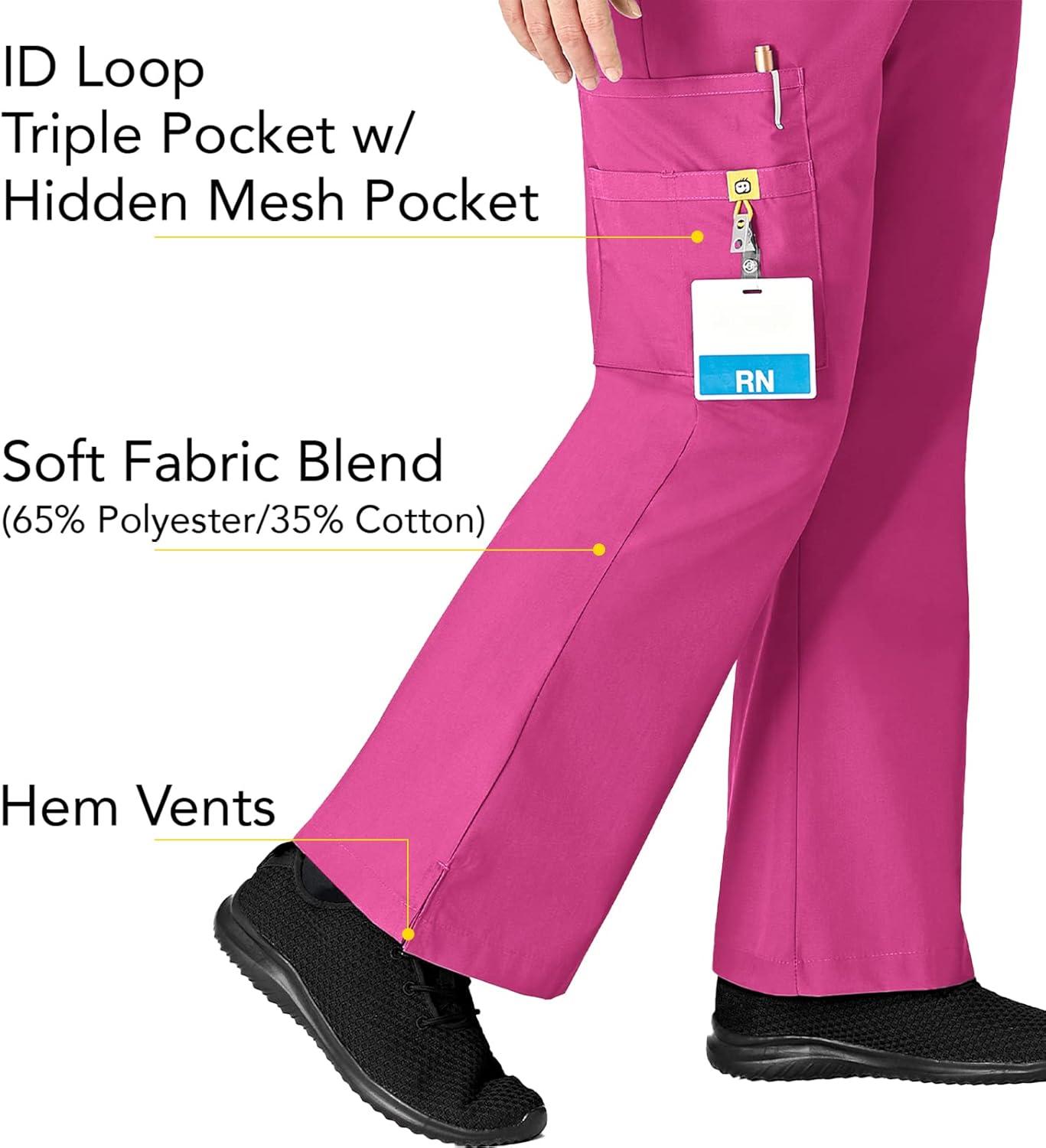 WonderWink Women’s Scrubs Romeo Six-Pocket Flare Leg Pant – XS-5XL, 6 Pockets, Elastic Waistband with Convertible Drawstring(Hot Pink)