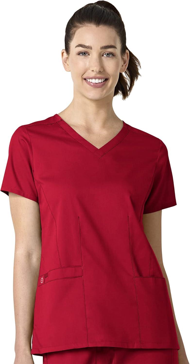 WonderWink WORK Women’s Shaped V-Neck Top & Women’s Convertible Slim Leg Cargo Pant Scrub Set + Badge Reel(Red)