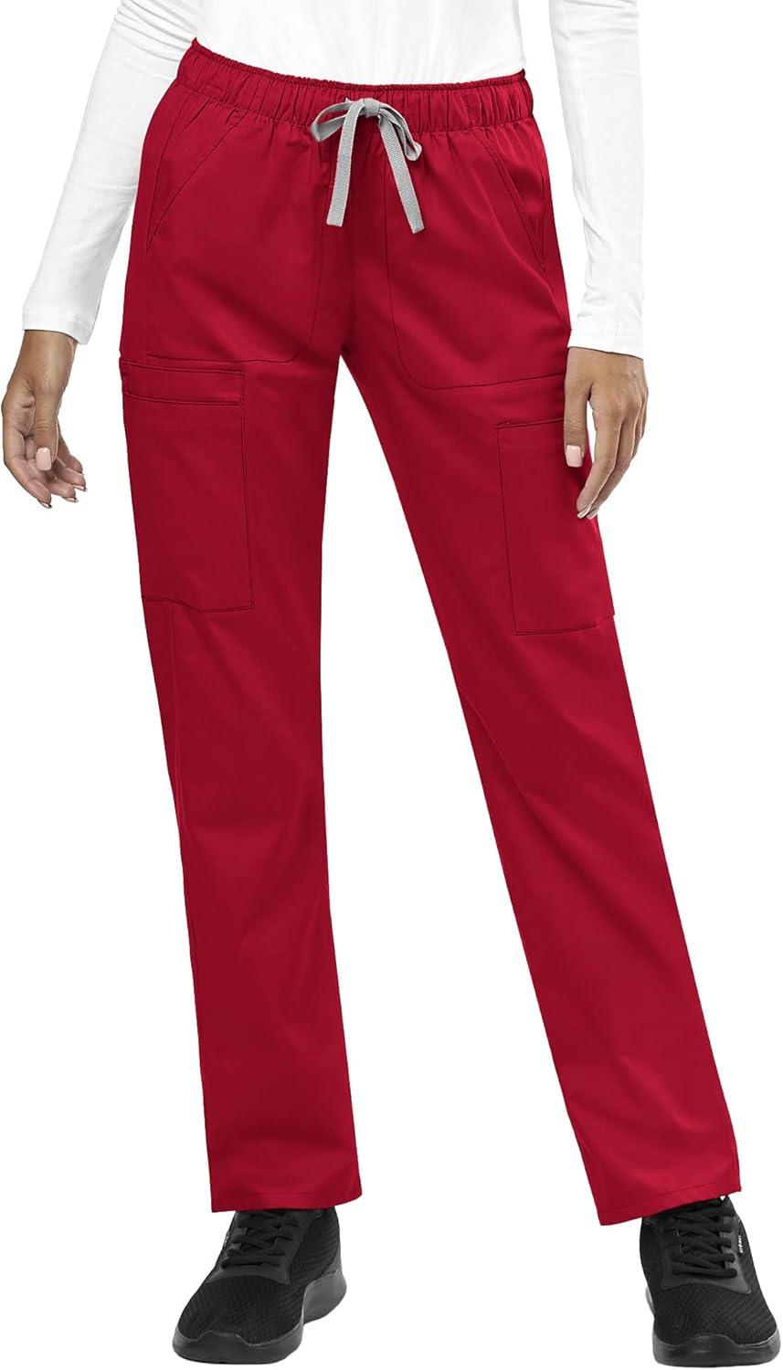 WonderWink WORK Women’s Shaped V-Neck Top & Women’s Convertible Slim Leg Cargo Pant Scrub Set + Badge Reel(Red)