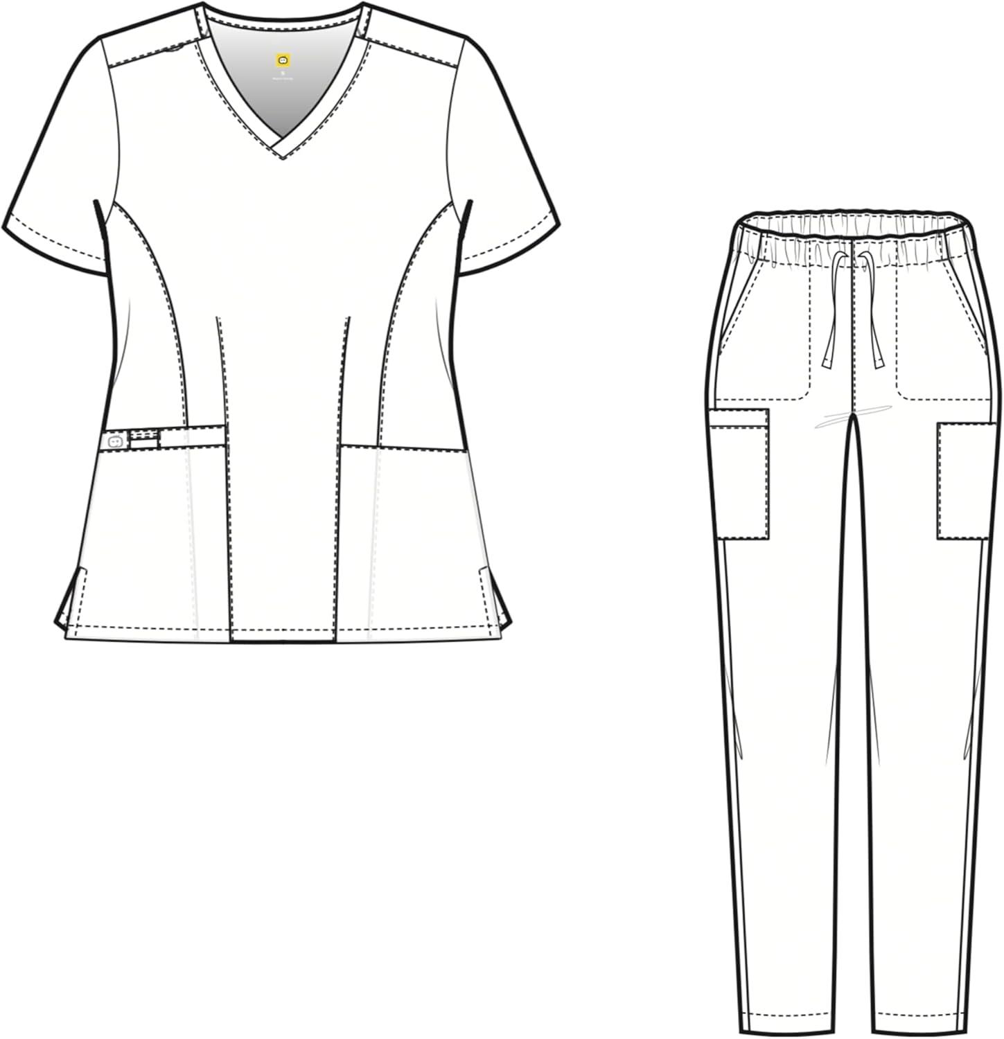 WonderWink WORK Women’s Shaped V-Neck Top & Women’s Convertible Slim Leg Cargo Pant Scrub Set + Badge Reel(Red)