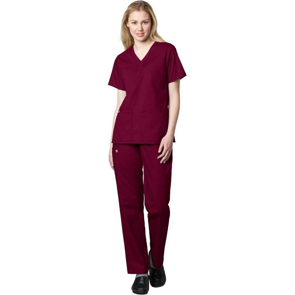 WonderWink WORK Women’s Scrubs V-Neck Chest Pocket Top & Pull On Cargo Pant Set + Badge Reel(Wine)